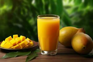 Glass of mango juice on wooden background. Healthy drink. ai generated  pro photo