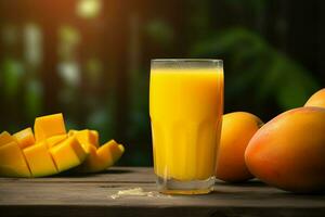 Glass of mango juice on wooden background. Healthy drink. ai generated  pro photo