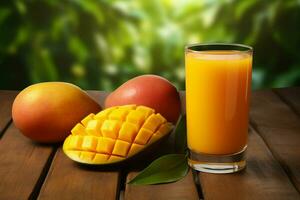 Glass of mango juice on wooden background. Healthy drink. ai generated  pro photo