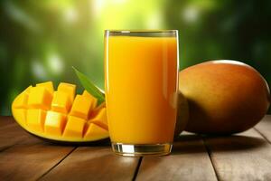 Glass of mango juice on wooden background. Healthy drink. ai generated  pro photo