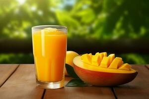 Glass of mango juice on wooden background. Healthy drink. ai generated  pro photo