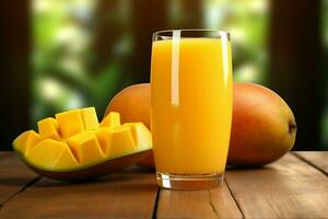 Glass of mango juice on wooden background. Healthy drink. ai generated  pro photo