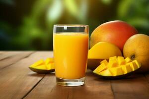 Glass of mango juice on wooden background. Healthy drink. ai generated  pro photo