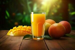 Glass of mango juice on wooden background. Healthy drink. ai generated  pro photo