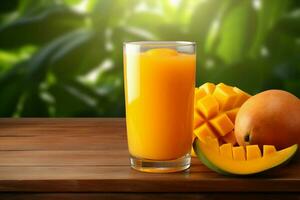 Glass of mango juice on wooden background. Healthy drink. ai generated  pro photo