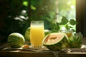 Glass of musk melon juice on wooden background. Healthy drink. ai generated  pro photo