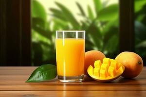 Glass of mango juice on wooden background. Healthy drink. ai generated  pro photo