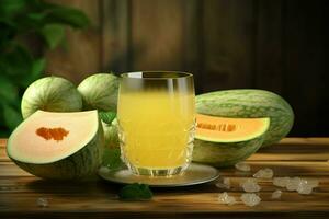 Glass of musk melon juice on wooden background. Healthy drink. ai generated  pro photo