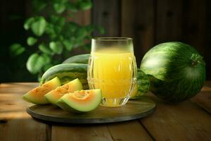 Glass of musk melon juice on wooden background. Healthy drink. ai generated  pro photo