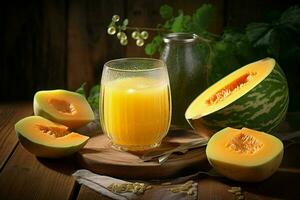 Glass of musk melon juice on wooden background. Healthy drink. ai generated  pro photo