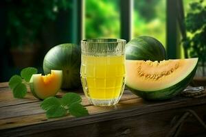 Glass of musk melon juice on wooden background. Healthy drink. ai generated  pro photo