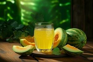 Glass of musk melon juice on wooden background. Healthy drink. ai generated  pro photo