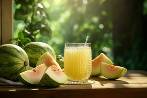 Glass of musk melon juice on wooden background. Healthy drink. ai generated  pro photo