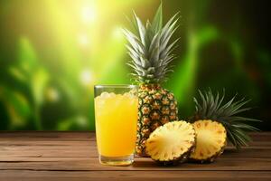 Glass of pineapple juice on wooden background. Healthy drink. ai generated  pro photo