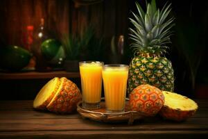 Glass of pineapple juice on wooden background. Healthy drink. ai generated  pro photo