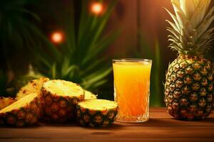 Glass of pineapple juice on wooden background. Healthy drink. ai generated  pro photo