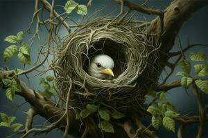 Bird in the nest on the tree. 3D rendering. Vintage style. ai generated  pro photo