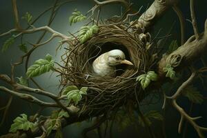 Bird in the nest on the tree. 3D rendering. Vintage style. ai generated  pro photo