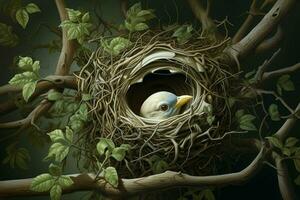 Bird in the nest on the tree. 3D rendering. Vintage style. ai generated  pro photo