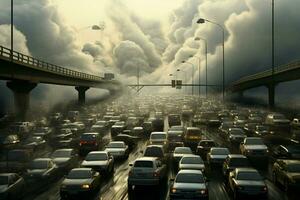 Aerial view of traffic jam on the road in Shanghai, China . Ai generated pro photo