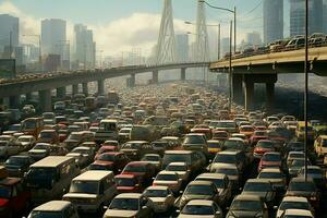 Aerial view of traffic jam on the road in Shanghai, China . Ai generated pro photo