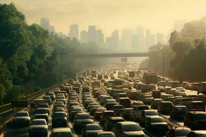 Aerial view of traffic jam on the road in Shanghai, China . Ai generated pro photo