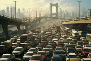 Aerial view of traffic jam on the road in Shanghai, China . Ai generated pro photo