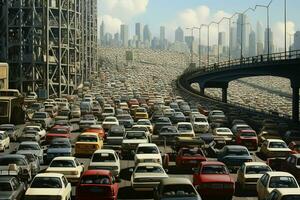 Aerial view of traffic jam on the road in Shanghai, China . Ai generated pro photo