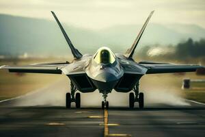 Military fighter jet on the runway of an airfield. 3d rendering. ai generated pro photo