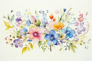 Greeting card with watercolor flowers handmade. Colorful watercolor floral bouquet on white background, vintage style. ai generated photo
