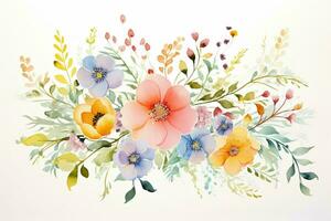 Greeting card with watercolor flowers handmade. Colorful watercolor floral bouquet on white background, vintage style. ai generated photo