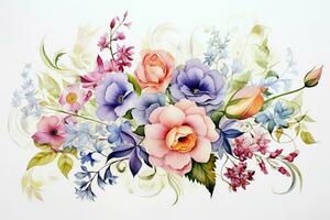 Greeting card with watercolor flowers handmade. Colorful watercolor floral bouquet on white background, vintage style. ai generated photo