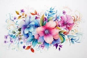 Greeting card with watercolor flowers handmade. Colorful watercolor floral bouquet on white background, vintage style. ai generated photo