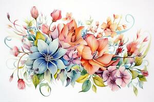 Greeting card with watercolor flowers handmade. Colorful watercolor floral bouquet on white background, vintage style. ai generated photo