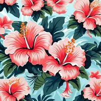 tropical hibiscus flowers and palm leaves background. ai generated free photo