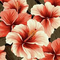 tropical hibiscus flowers and palm leaves background. ai generated free photo