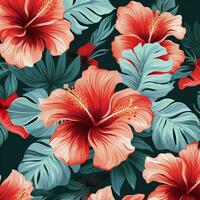 tropical hibiscus flowers and palm leaves background. ai generated free photo