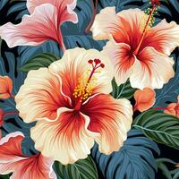 tropical hibiscus flowers and palm leaves background. ai generated free photo