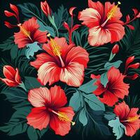 tropical hibiscus flowers and palm leaves background. ai generated free photo