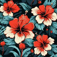 tropical hibiscus flowers and palm leaves background. ai generated free photo