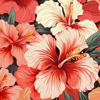 tropical hibiscus flowers and palm leaves background. ai generated free photo