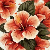 tropical hibiscus flowers and palm leaves background. ai generated free photo