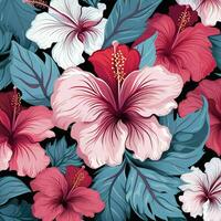 tropical hibiscus flowers and palm leaves background. ai generated free photo