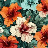 tropical hibiscus flowers and palm leaves background. ai generated free photo