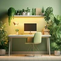 Interior of modern living room with green walls, wooden floor, white armchair and computer desk. ai generated free photo