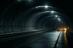 futurista túnel con ligero caminos a noche, largo exposición foto tomado en un túnel. ai generado gratis foto