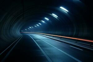 futurista túnel con ligero caminos a noche, largo exposición foto tomado en un túnel. ai generado gratis foto