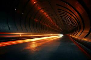 futurista túnel con ligero caminos a noche, largo exposición foto tomado en un túnel. ai generado gratis foto