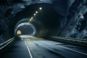 futurista túnel con ligero caminos a noche, largo exposición foto tomado en un túnel. ai generado gratis foto