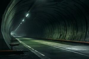 futurista túnel con ligero caminos a noche, largo exposición foto tomado en un túnel. ai generado gratis foto